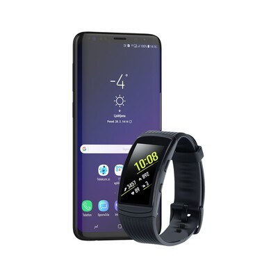 Samsung Galaxy S9+ in športna zapestnica Gear Fit 2 Pro polnočno črna